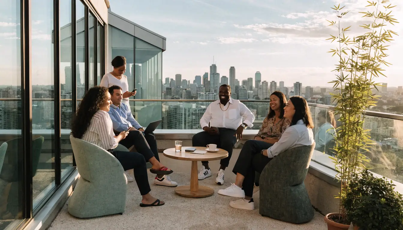 Australian office team on rooftop terrace, friendly atmosphere.