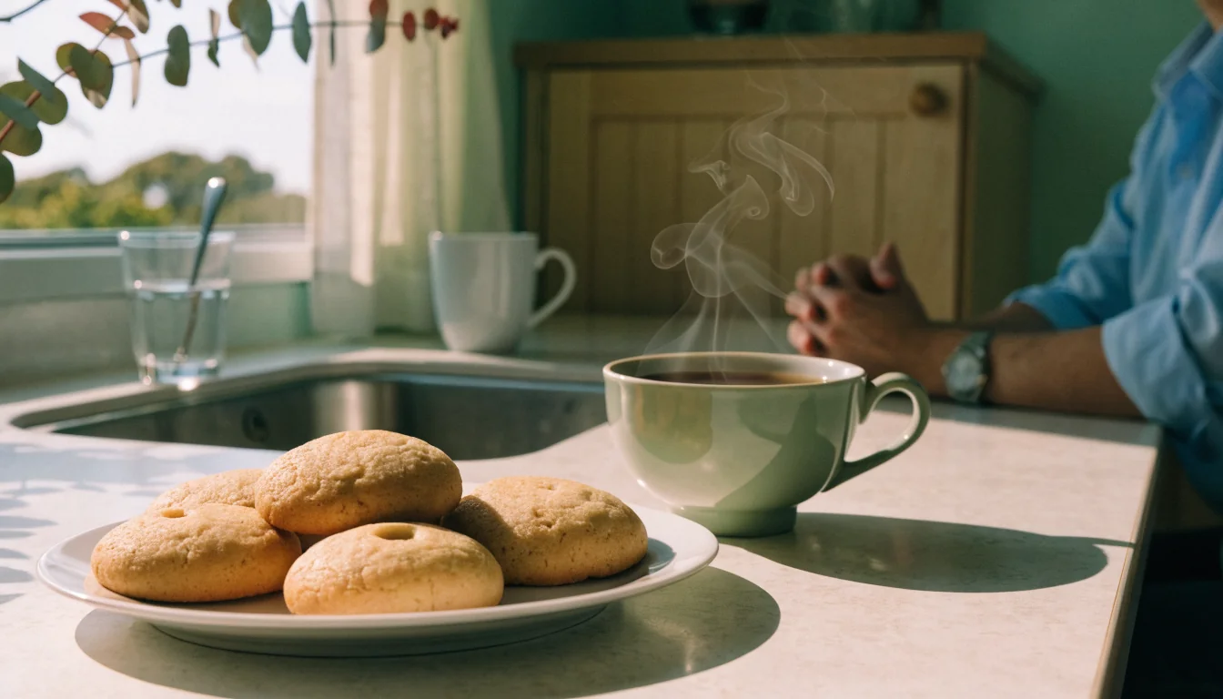 Australian kitchen with cookies and tea on countertop