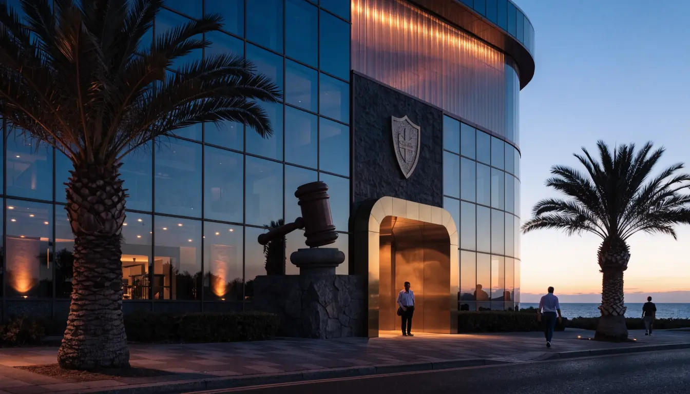 Australian casino building at dusk with legal symbols subtly incorporated.