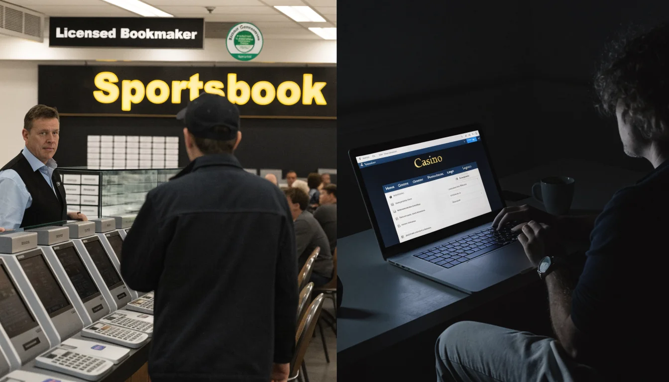 Licensed sportsbook vs. offshore casino portal side by side.