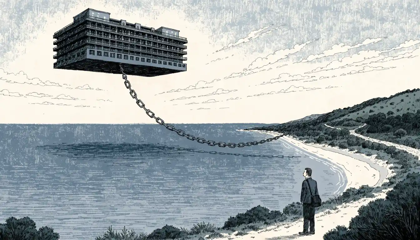 Offshore casino linked to Australian shore by chain.