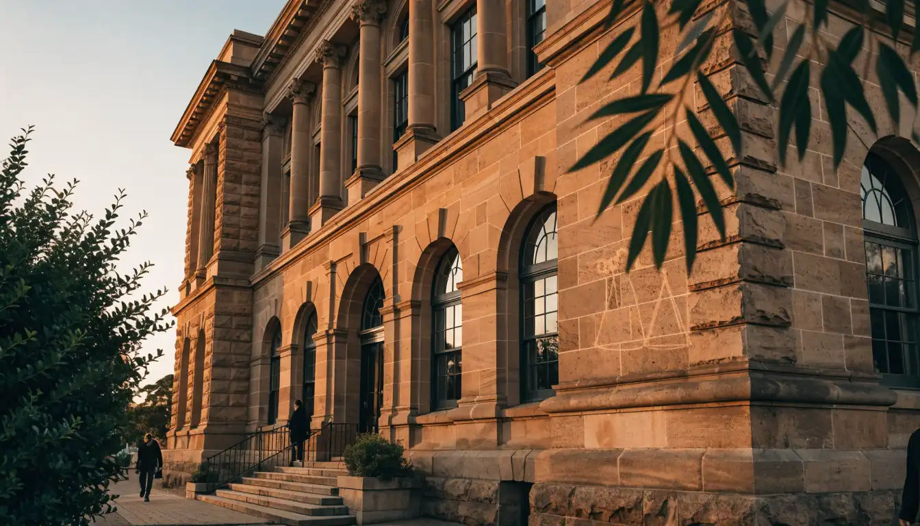 Australian courthouse facade at sunset with legal scale motif