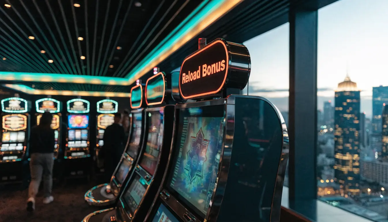 Australian casino interior with neon lights and city view