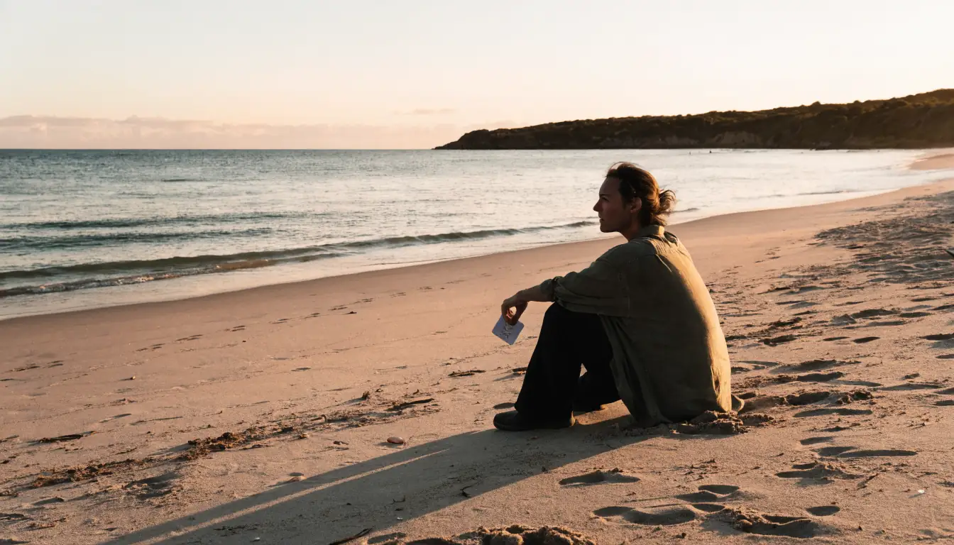 Person on Australian beach holding a playing card at sunset