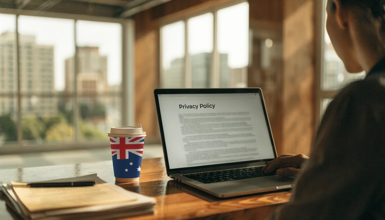 Australian office desk with laptop showing privacy policy document
