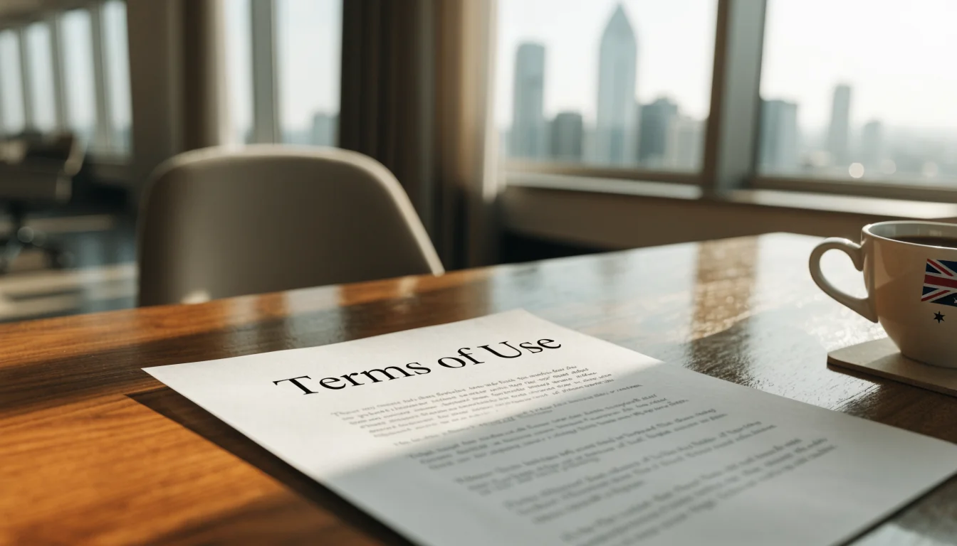 Australian office desk with Terms of Use document and coffee cup.